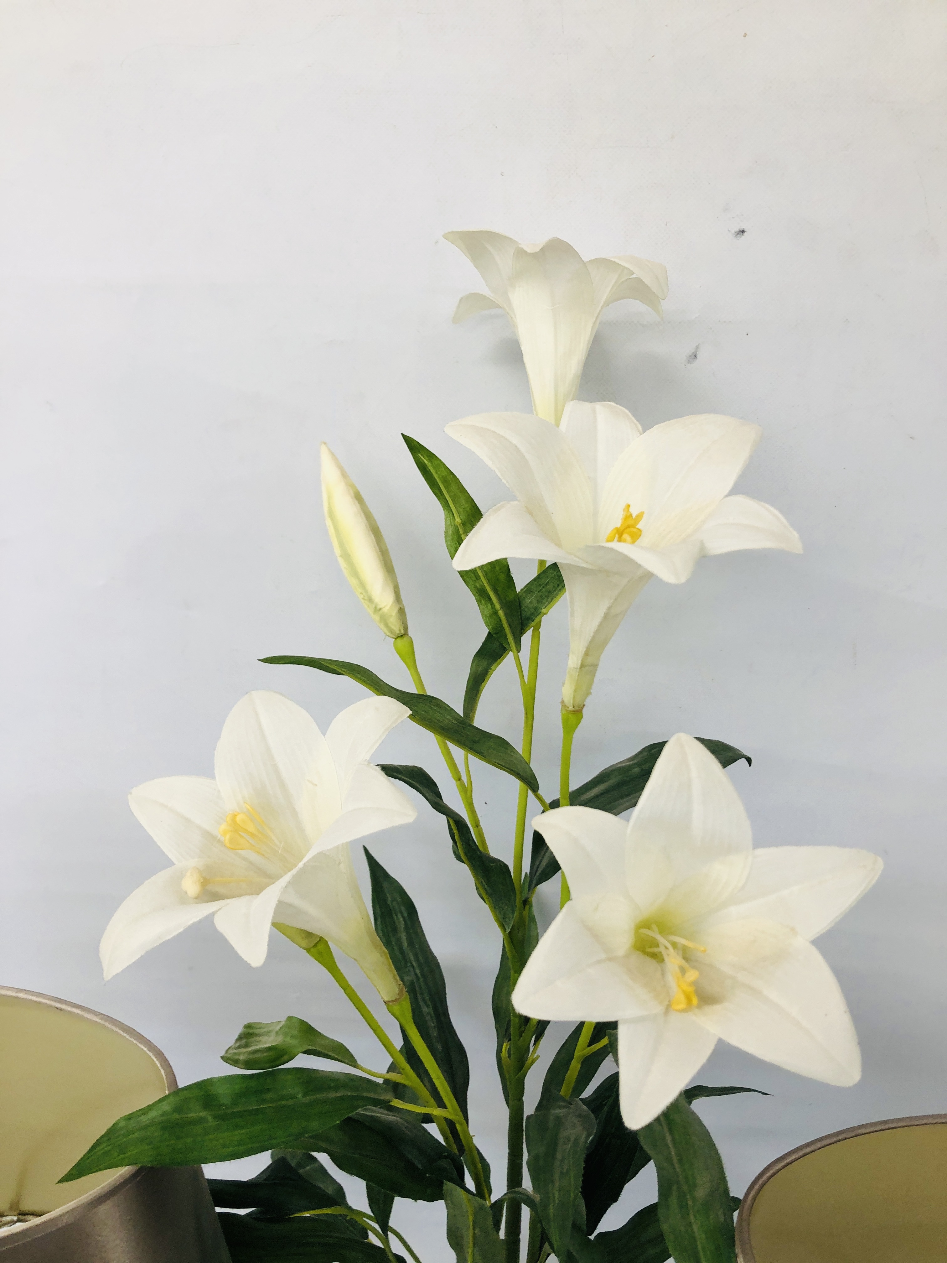 PAIR OF MODERN LAURA ASHLEY TABLE LAMPS AND SHADES ALONG WITH AN ARTIFICIAL LILY ARRANGEMENT - SOLD - Image 3 of 4