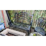 A BLACK PAINTED WROUGHT METAL GARDEN BENCH, LENGTH 102CM.