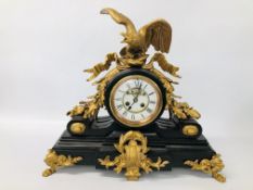 AN IMPRESSIVE SLATE MANTEL TIME PIECE EMBELLISHED WITH GILT METAL OAK LEAF AND GARLAND DETAILING