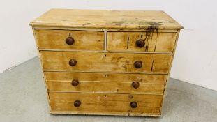 AN ANTIQUE WAX PINE TWO OVER THREE CHEST OF DRAWERS WIDTH 108CM. DEPTH 49CM. HEIGHT 29CM.