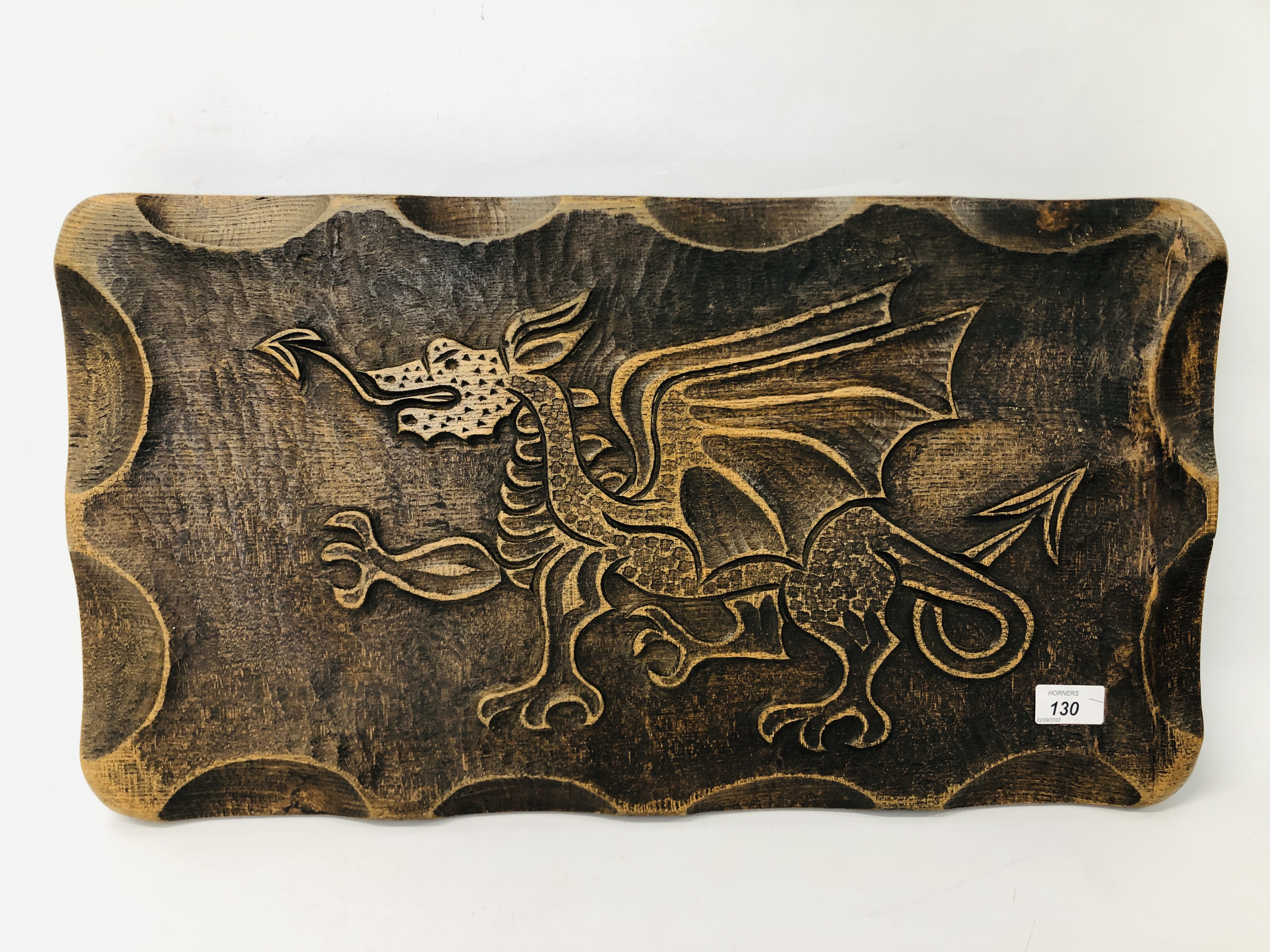 A BESPOKE OAK CARVED PANEL WITH CARVED WELSH DRAGON DETAIL HANDMADE TORQUAY DEVON,