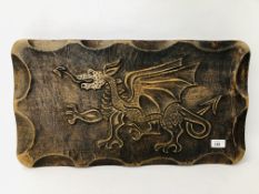 A BESPOKE OAK CARVED PANEL WITH CARVED WELSH DRAGON DETAIL HANDMADE TORQUAY DEVON,