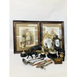 BOX OF ASSORTED COLLECTIBLES TO INCLUDE VARIOUS TROPHIES, HORN HANDLED SERVING CUTLERY,