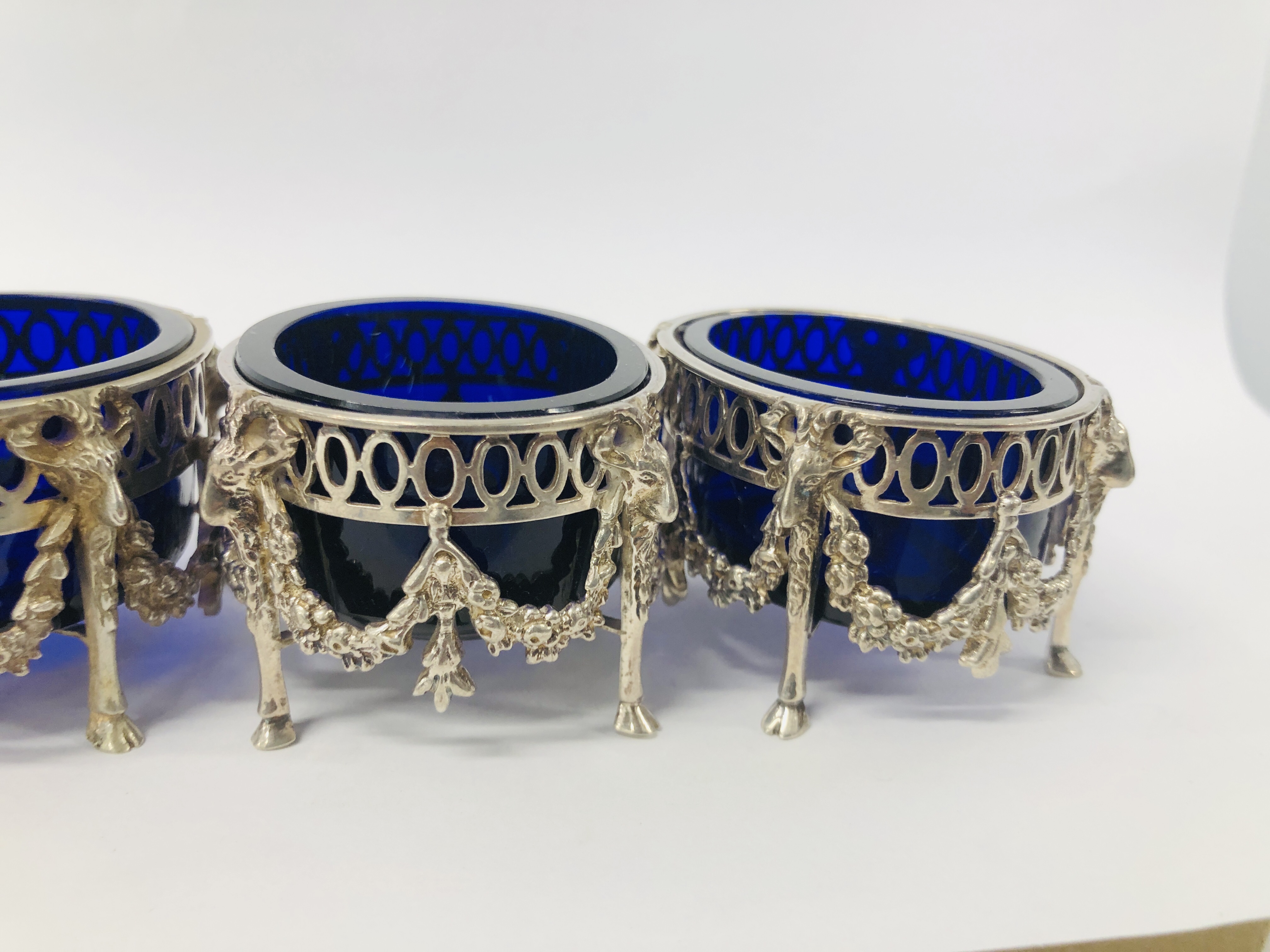 FOUR DUTCH SILVER SALTS WITH BLUE GLASS LINERS (ONE LINER A/F) - Image 10 of 17