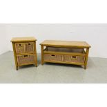 A MODERN OAK COFFEE TABLE WITH TWO DRAWER WICKER BASKET BASE ALONG WITH A MATCHING THREE BASKET
