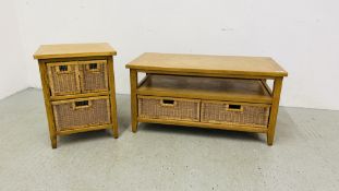 A MODERN OAK COFFEE TABLE WITH TWO DRAWER WICKER BASKET BASE ALONG WITH A MATCHING THREE BASKET