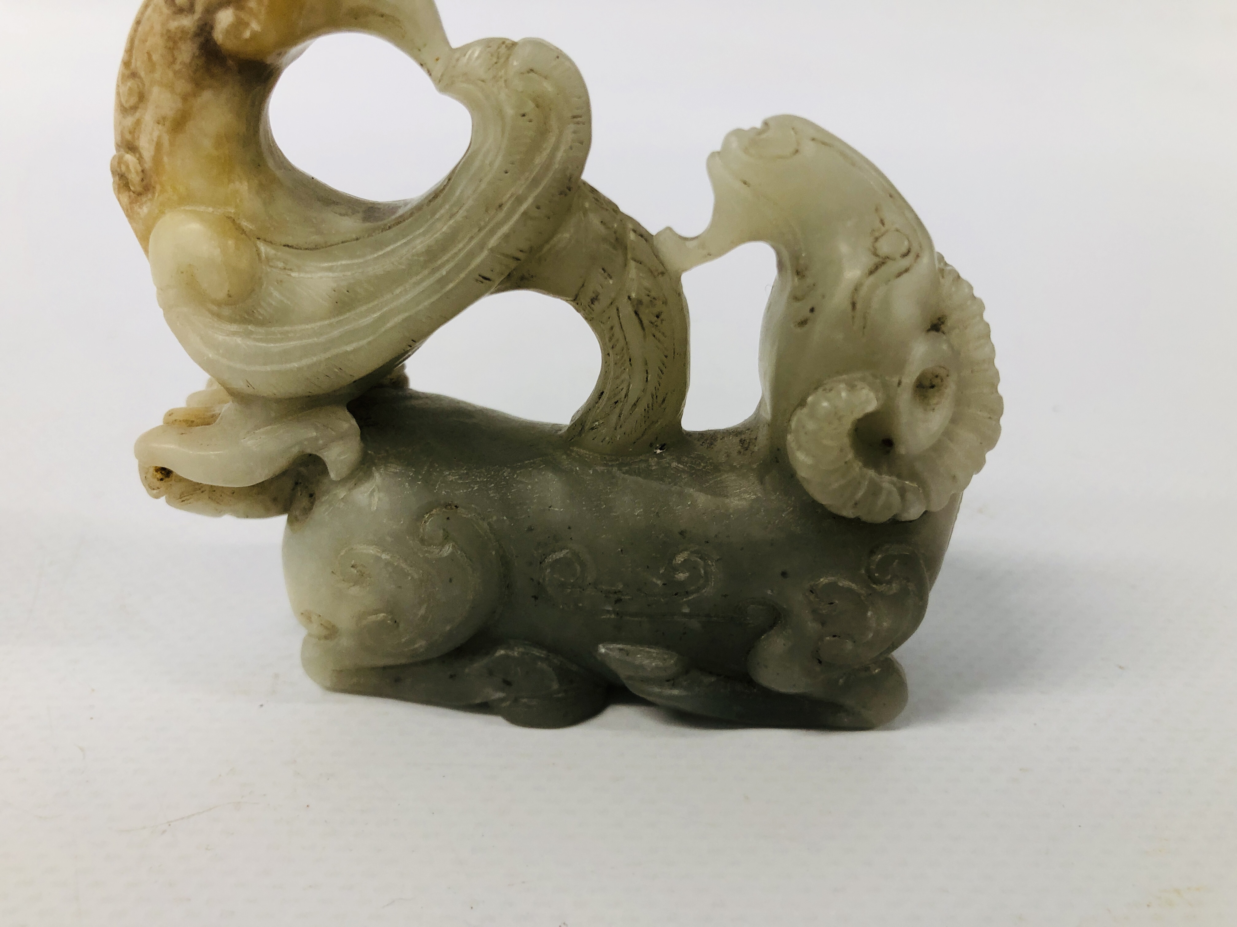 CHINESE CARVED HARDSTONE (POSSIBLY JADE) GROUP OF A PHOENIX AND RAM L 8CM X H 8.5CM. - Image 4 of 7