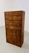 AN OAK NINE DRAWER TWO DOOR COLLECTORS CHEST WIDTH 51CM. DEPTH 26.5CM. HEIGHT 94CM.