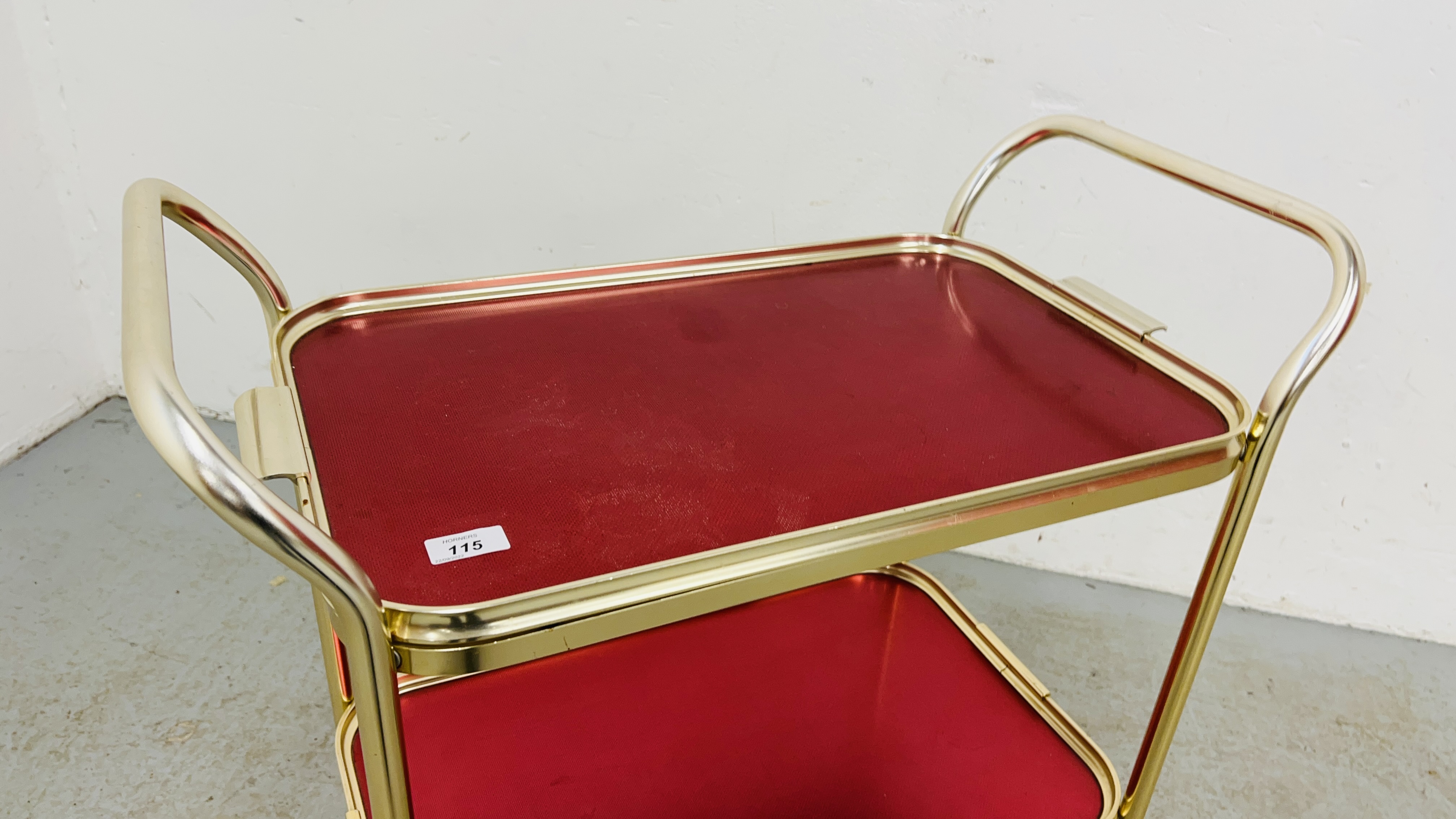 A 1950'S TWO TIER TROLLEY WITH RED FINISH TO THE TRAYS, THE TOP TRAY DETACHABLE WIDTH 37CM. - Image 2 of 4