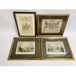 FOUR FRAMED AND MOUNTED ETCHINGS AND PRINTS TO INCLUDE YARMOUTH WITH NELSON'S MONUMENT FROM THE