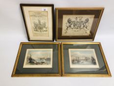 FOUR FRAMED AND MOUNTED ETCHINGS AND PRINTS TO INCLUDE YARMOUTH WITH NELSON'S MONUMENT FROM THE