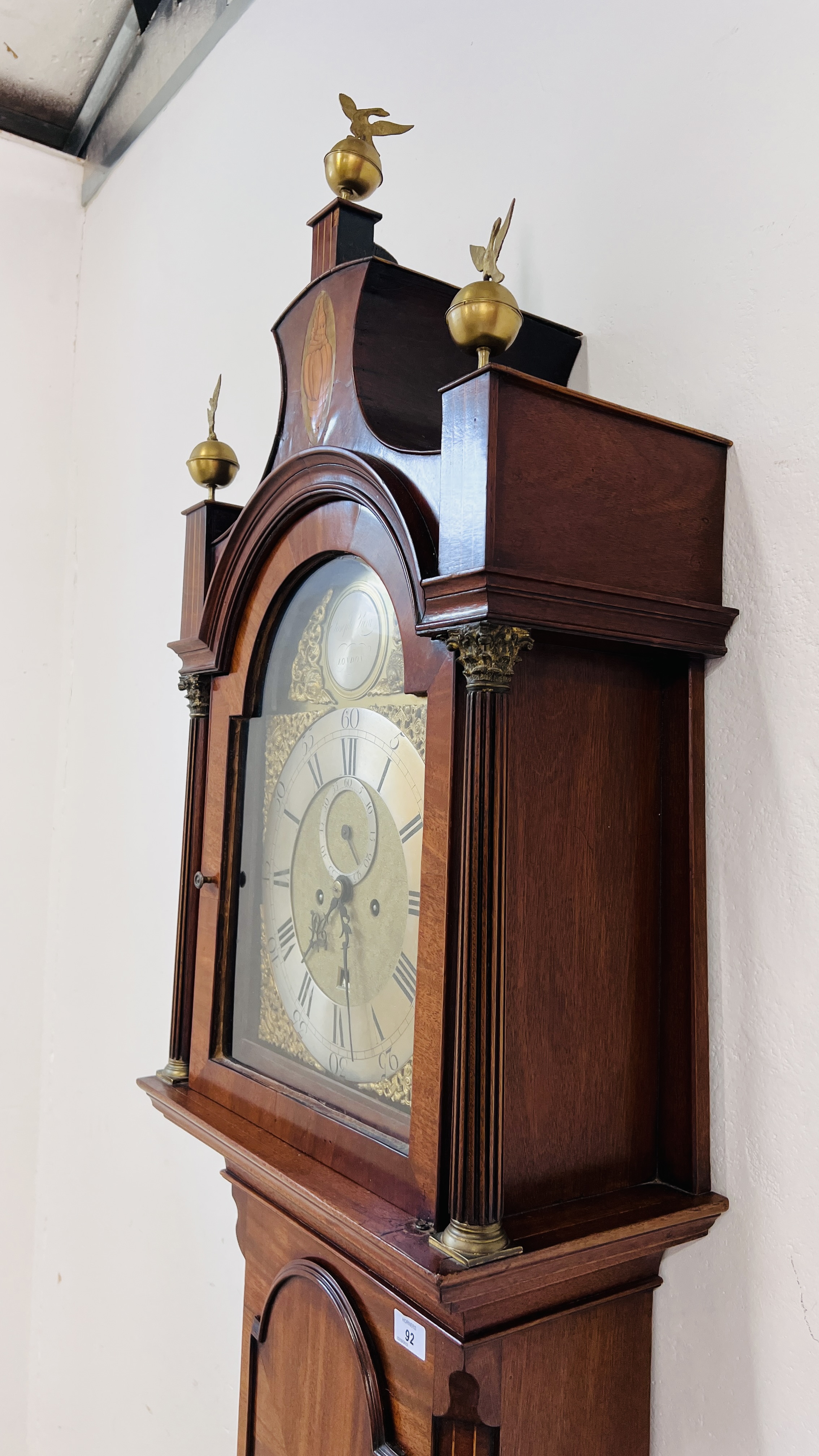AN INLAID MAHOGANY GRANDFATHER CLOCK WITH JOSEPH LUM FACE COMPLETE WITH KEY AND PENDULUM - Image 7 of 14