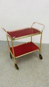 A 1950'S TWO TIER TROLLEY WITH RED FINISH TO THE TRAYS, THE TOP TRAY DETACHABLE WIDTH 37CM.