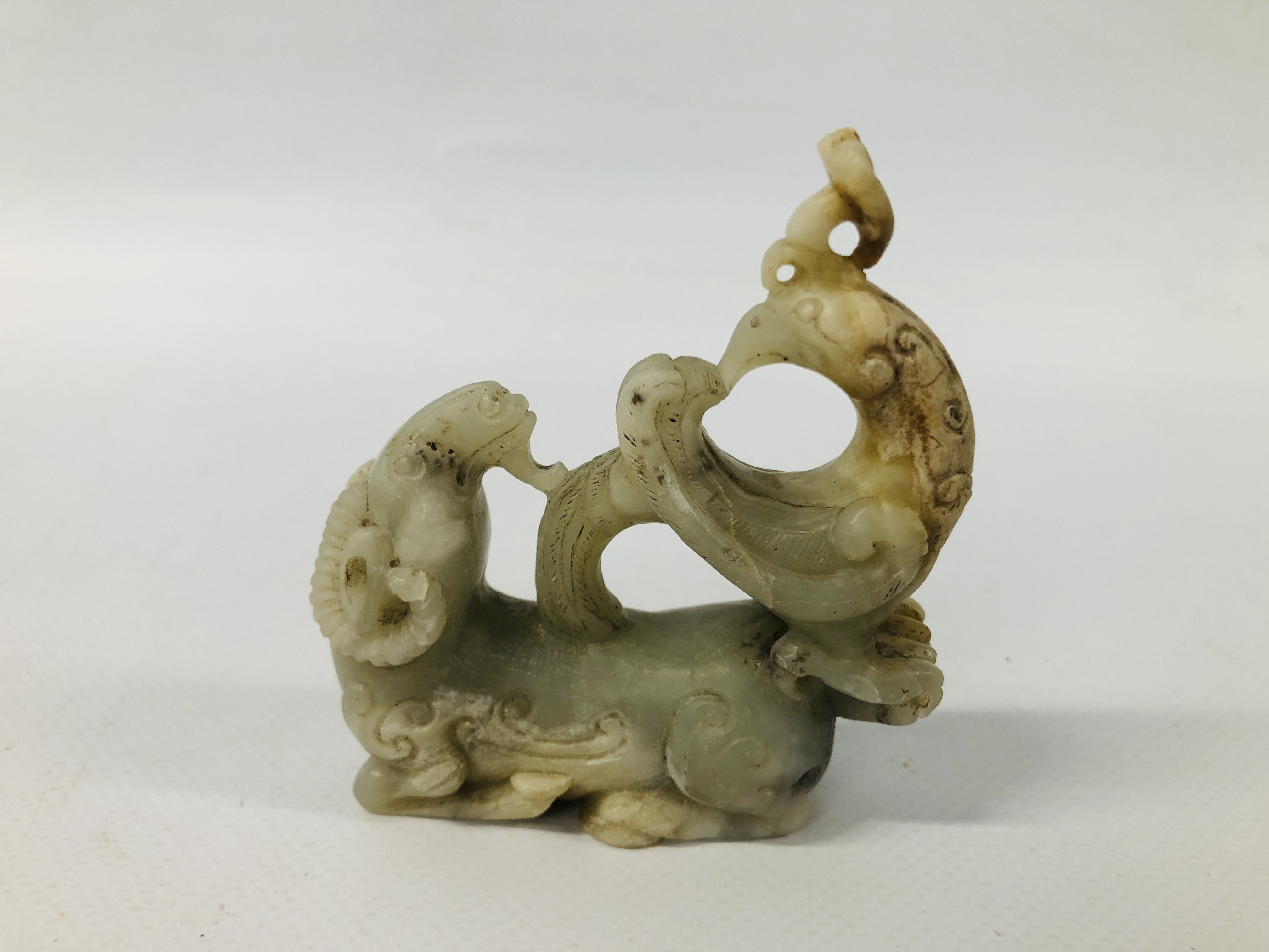 CHINESE CARVED HARDSTONE (POSSIBLY JADE) GROUP OF A PHOENIX AND RAM L 8CM X H 8.5CM. - Image 6 of 7