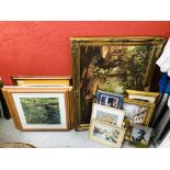 A DEGAS PRINT AND TWO MONET PRINTS, TWO ORIGINAL FRAMED PORTRAITS,