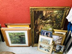 A DEGAS PRINT AND TWO MONET PRINTS, TWO ORIGINAL FRAMED PORTRAITS,