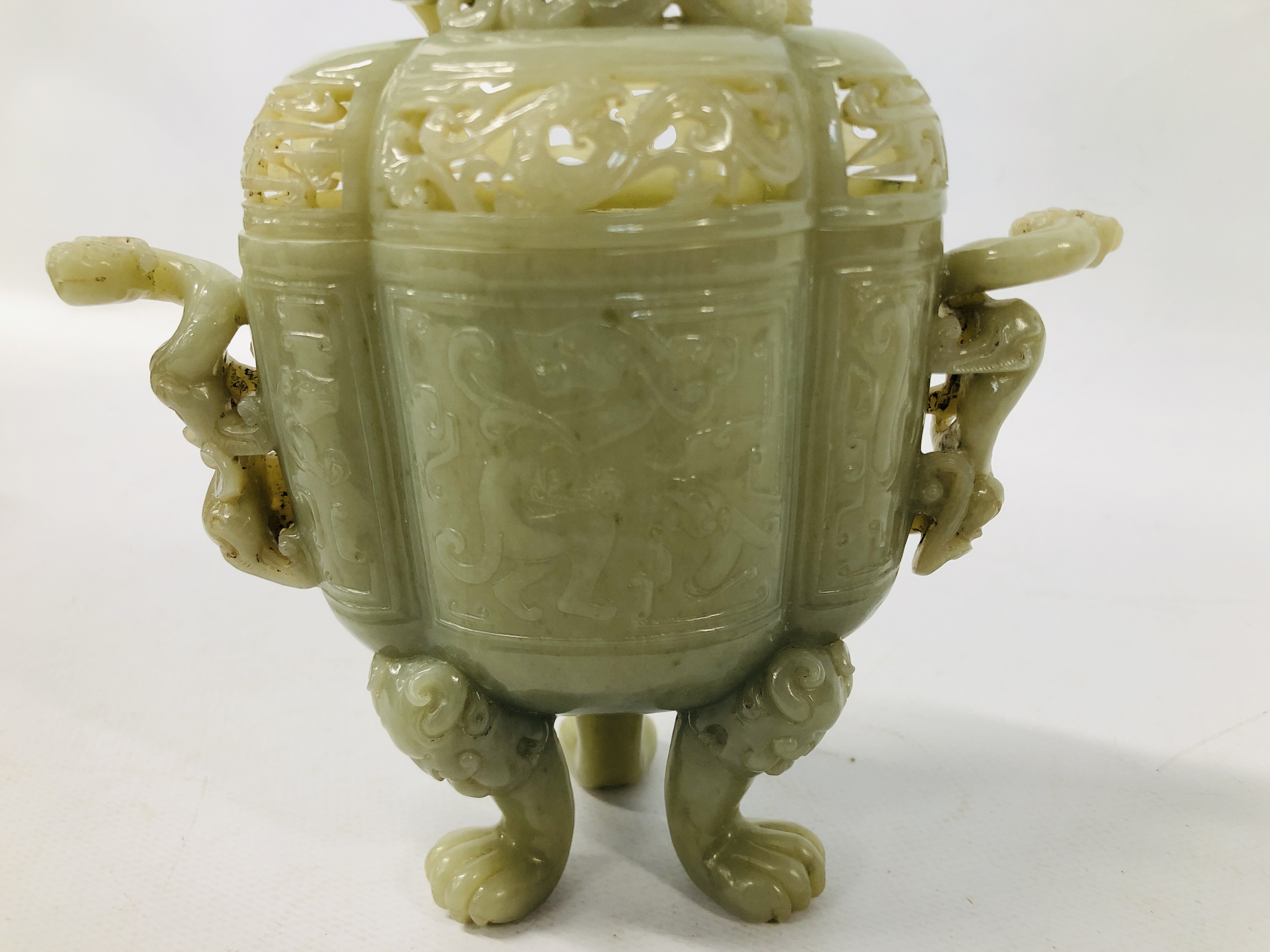 WELL CARVED CHINESE CELADON JADE JAR AND COVER OF ARCHAIC FORM ON THREE MASK AND PAW FEET, - Image 9 of 10