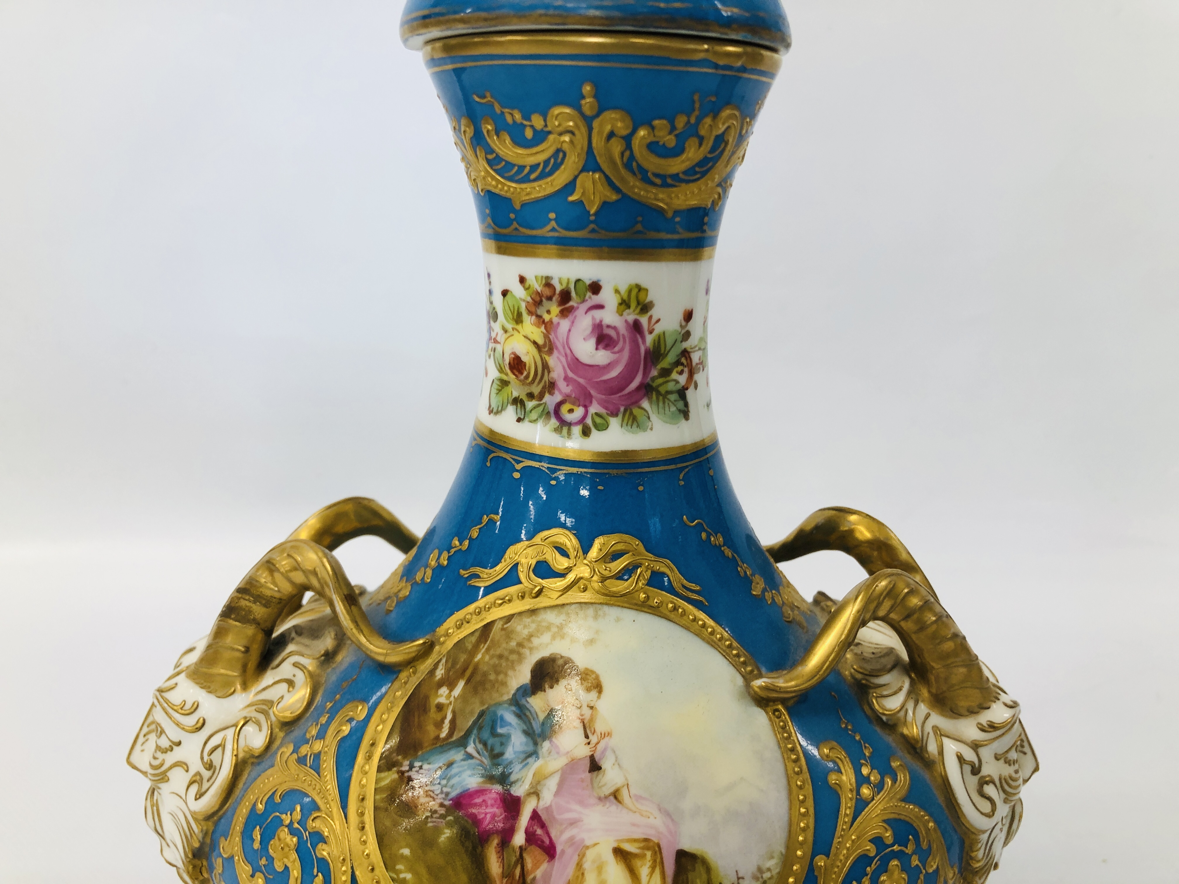 A PAIR OF C19TH SÉVRES COVERED VASES WITH RAM'S HEAD HANDLES, DECORATED WITH OVAL PANELS, - Image 24 of 27