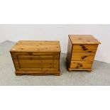 A HONEY PINE BLANKET BOX W 74CM, D 39CM, H 49CM ALONG WITH A THREE DRAWER HONEY PINE BEDSIDE CHEST.