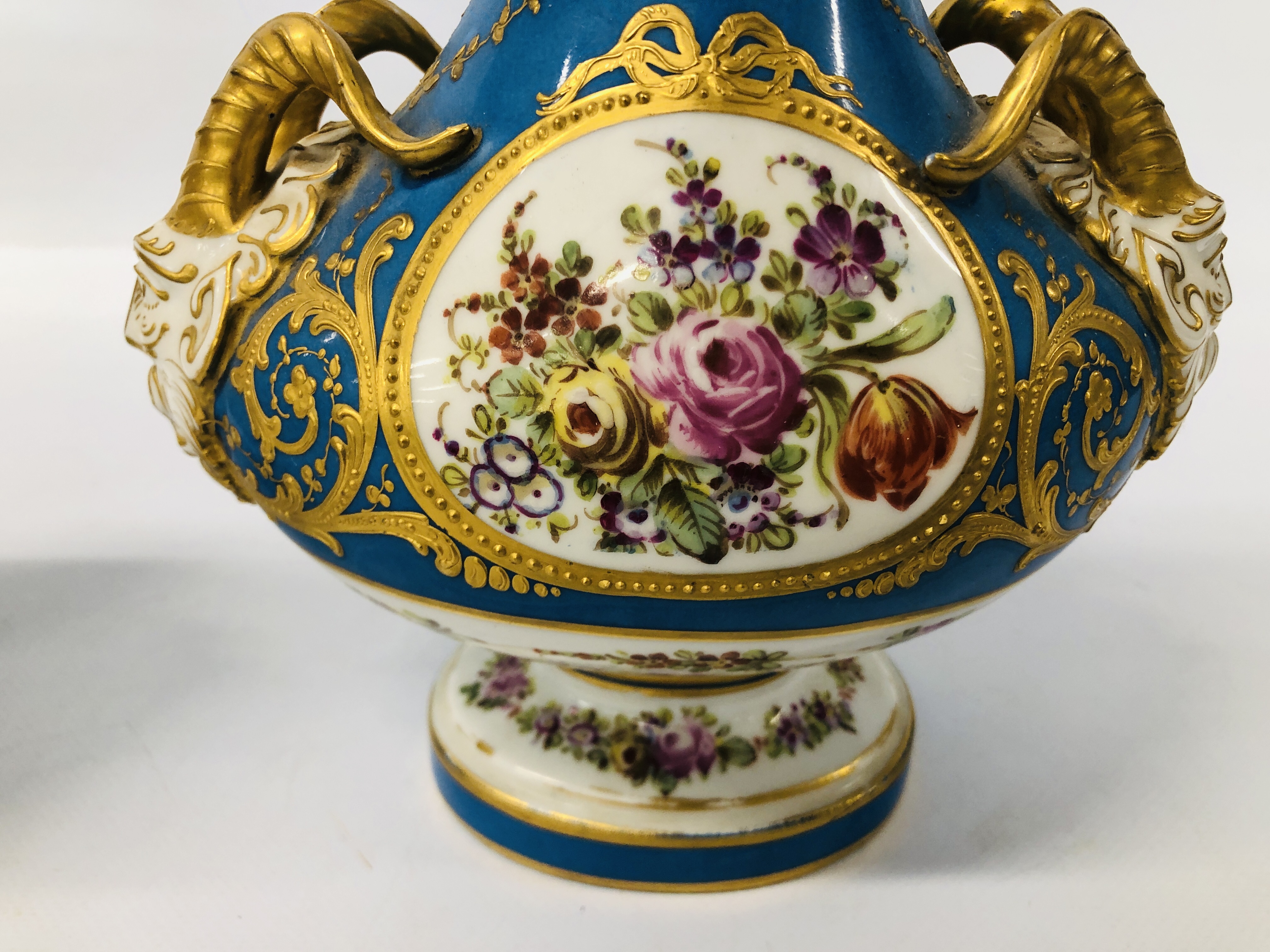 A PAIR OF C19TH SÉVRES COVERED VASES WITH RAM'S HEAD HANDLES, DECORATED WITH OVAL PANELS, - Image 5 of 27