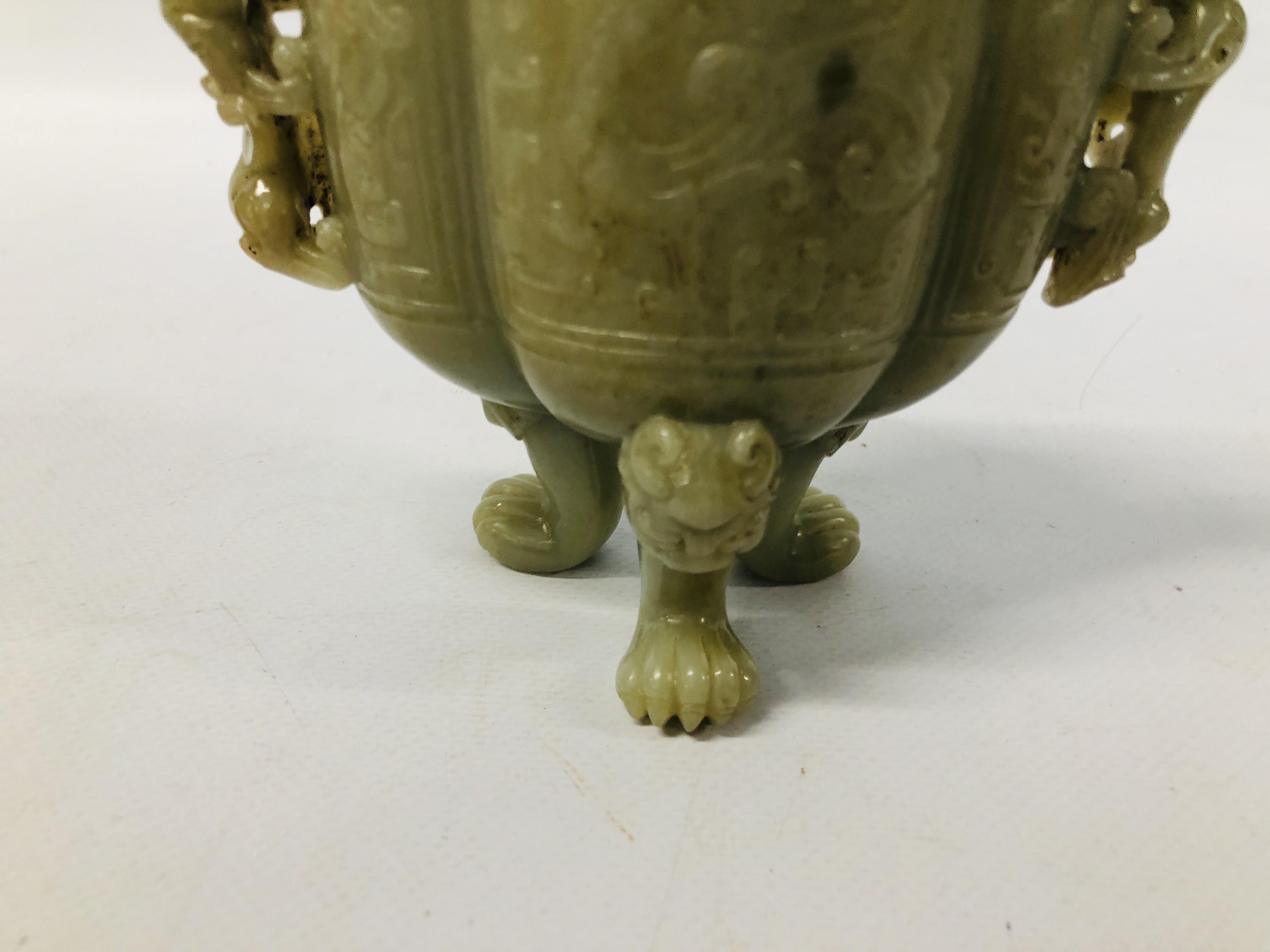 WELL CARVED CHINESE CELADON JADE JAR AND COVER OF ARCHAIC FORM ON THREE MASK AND PAW FEET, - Image 5 of 10