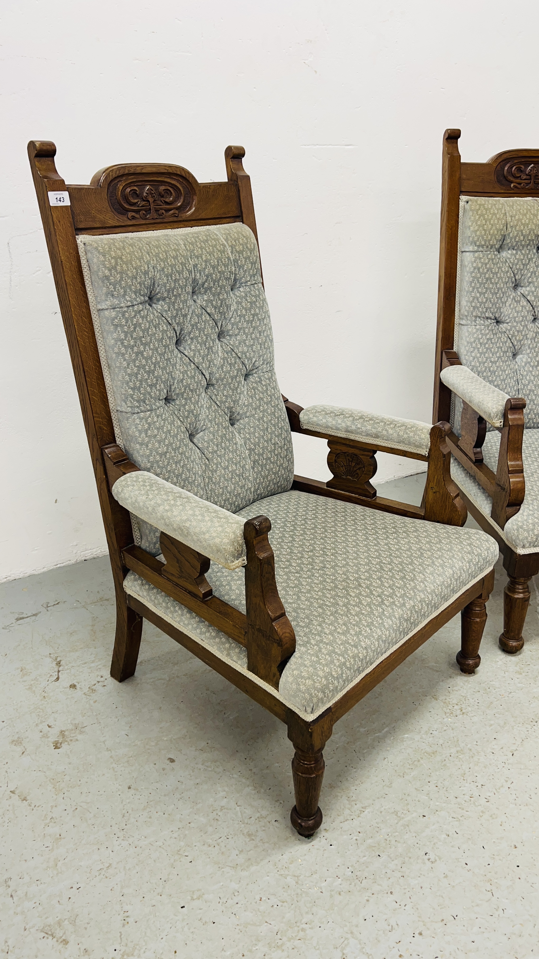 A PAIR OF EDWARDIAN OAK LOW SEAT CHAIRS UPHOLSTERED IN PASTEL BLUE - Image 10 of 11