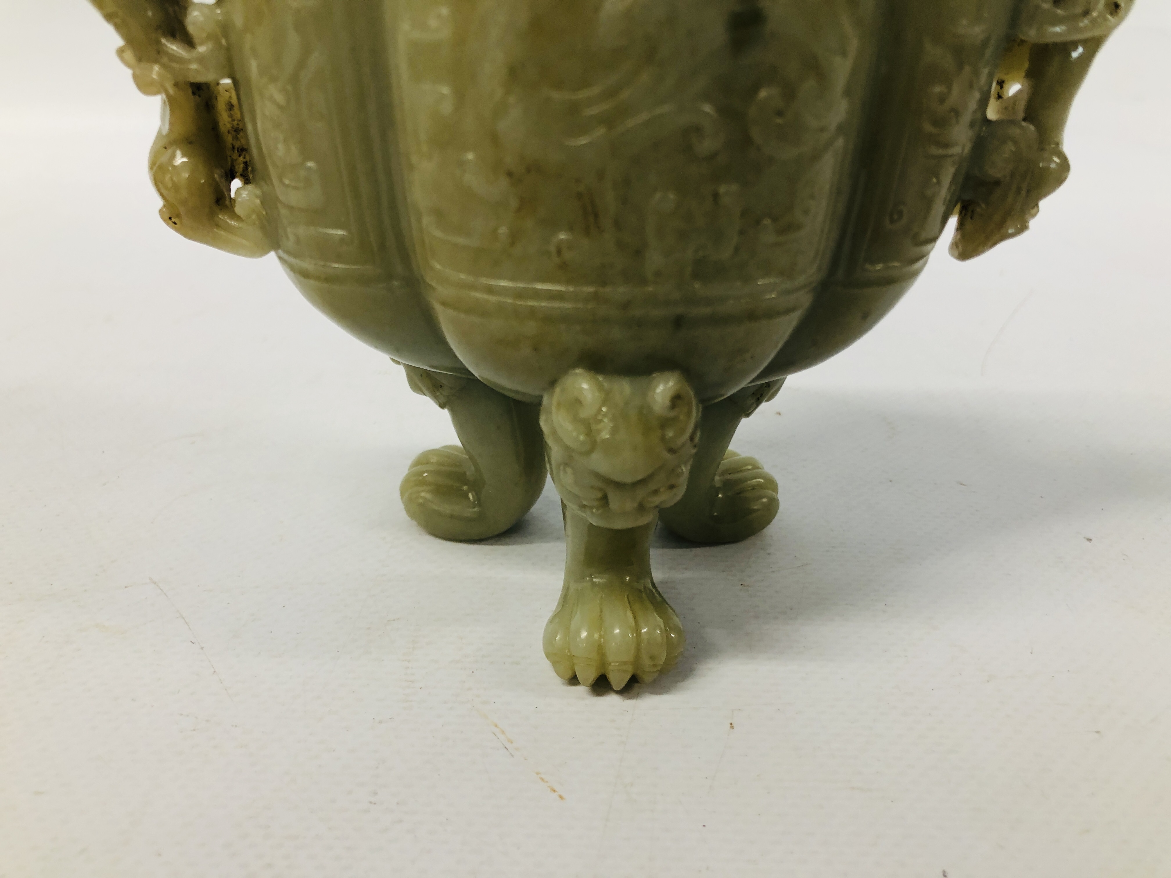 WELL CARVED CHINESE CELADON JADE JAR AND COVER OF ARCHAIC FORM ON THREE MASK AND PAW FEET, - Image 6 of 10