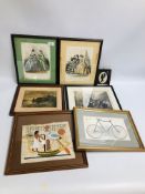 SEVEN FRAMED PICTURES AND PRINTS TO INCLUDE SILHOUETTE, LES MODES PARISIENNES, EGYPTIAN PAPYRUS,