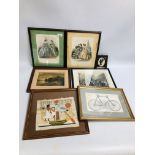 SEVEN FRAMED PICTURES AND PRINTS TO INCLUDE SILHOUETTE, LES MODES PARISIENNES, EGYPTIAN PAPYRUS,