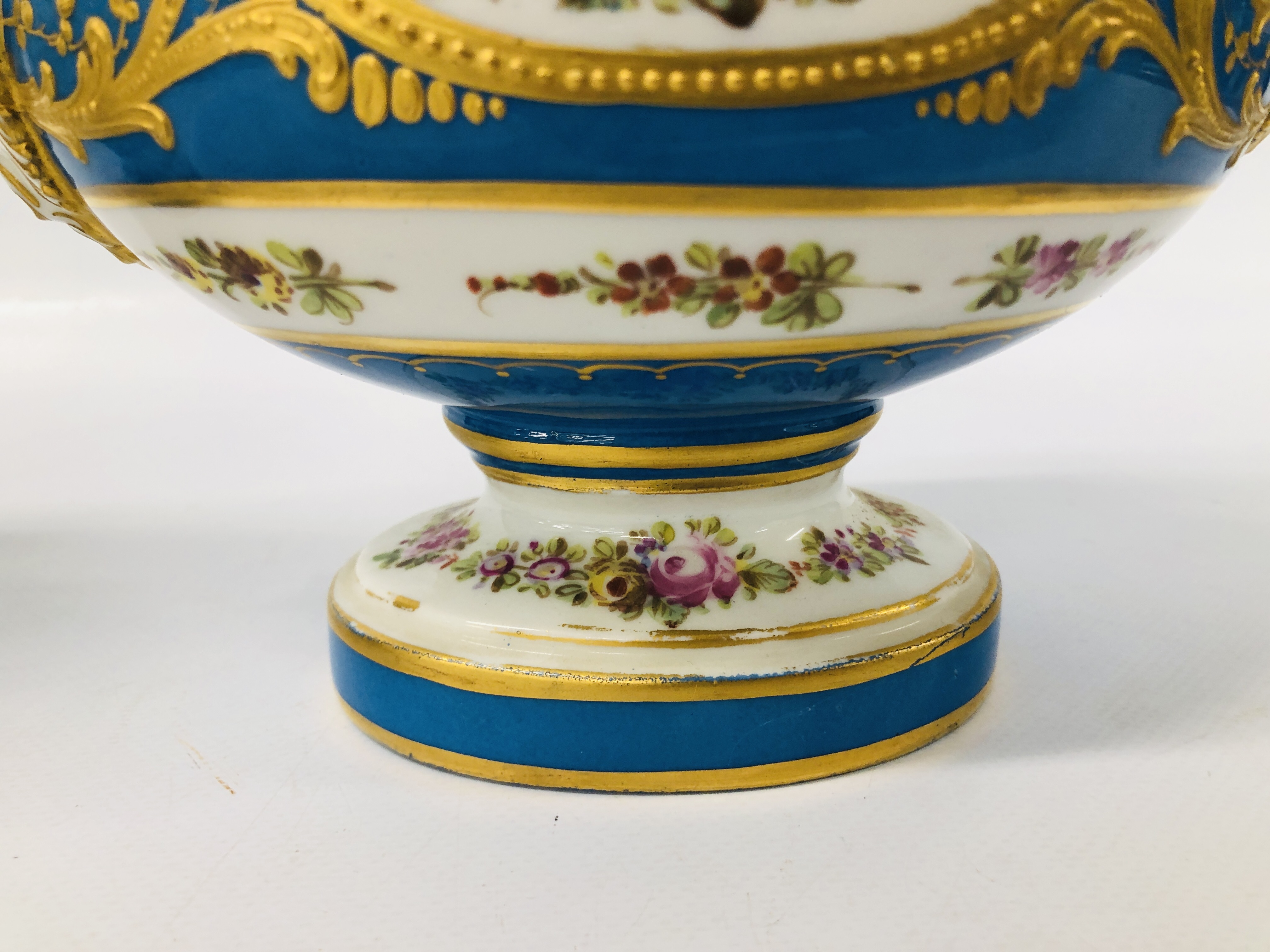 A PAIR OF C19TH SÉVRES COVERED VASES WITH RAM'S HEAD HANDLES, DECORATED WITH OVAL PANELS, - Image 6 of 27