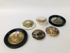 A GROUP OF POT LIDS TO INCLUDE TWO FRAMED "THE SPORTSMAN", "HAULING IN THE NETS", "SHEPHERD",