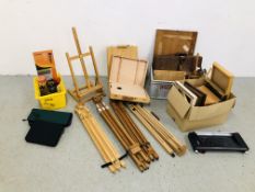 COLLECTION OF ARTIST'S EQUIPMENT INCLUDING EASELS, PICTURE FRAMES, PENCILS, BOARDS, ETC.