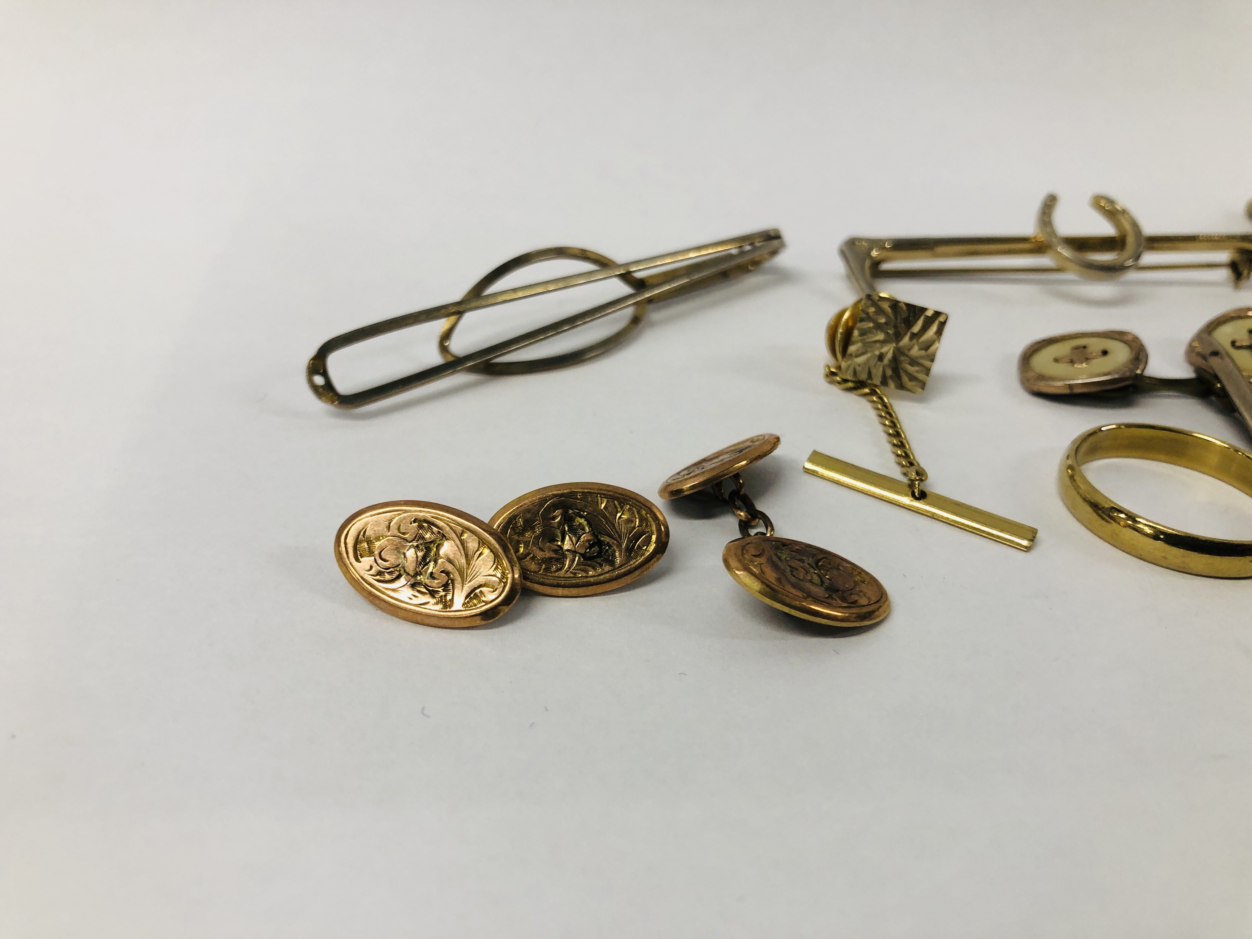 BOX OF ASSORTED CUFF LINKS AND ENAMELLED TIE PINS/BADGES ALONG WITH A PAIR OF 9CT. - Image 2 of 8