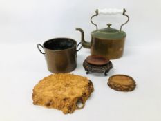 JAPANESE BURL WOOD FLAT DISPLAY STAND, A VICTORIAN COPPER KETTLE WITH WIRE CERAMIC HANDLE,