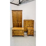 A SUITE OF HONEY PINE BEDROOM FURNITURE TO INCLUDE DOUBLE WARDROBE (WIDTH 92CM. DEPTH 57CM.