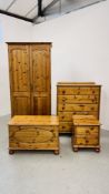 A SUITE OF HONEY PINE BEDROOM FURNITURE TO INCLUDE DOUBLE WARDROBE (WIDTH 92CM. DEPTH 57CM.