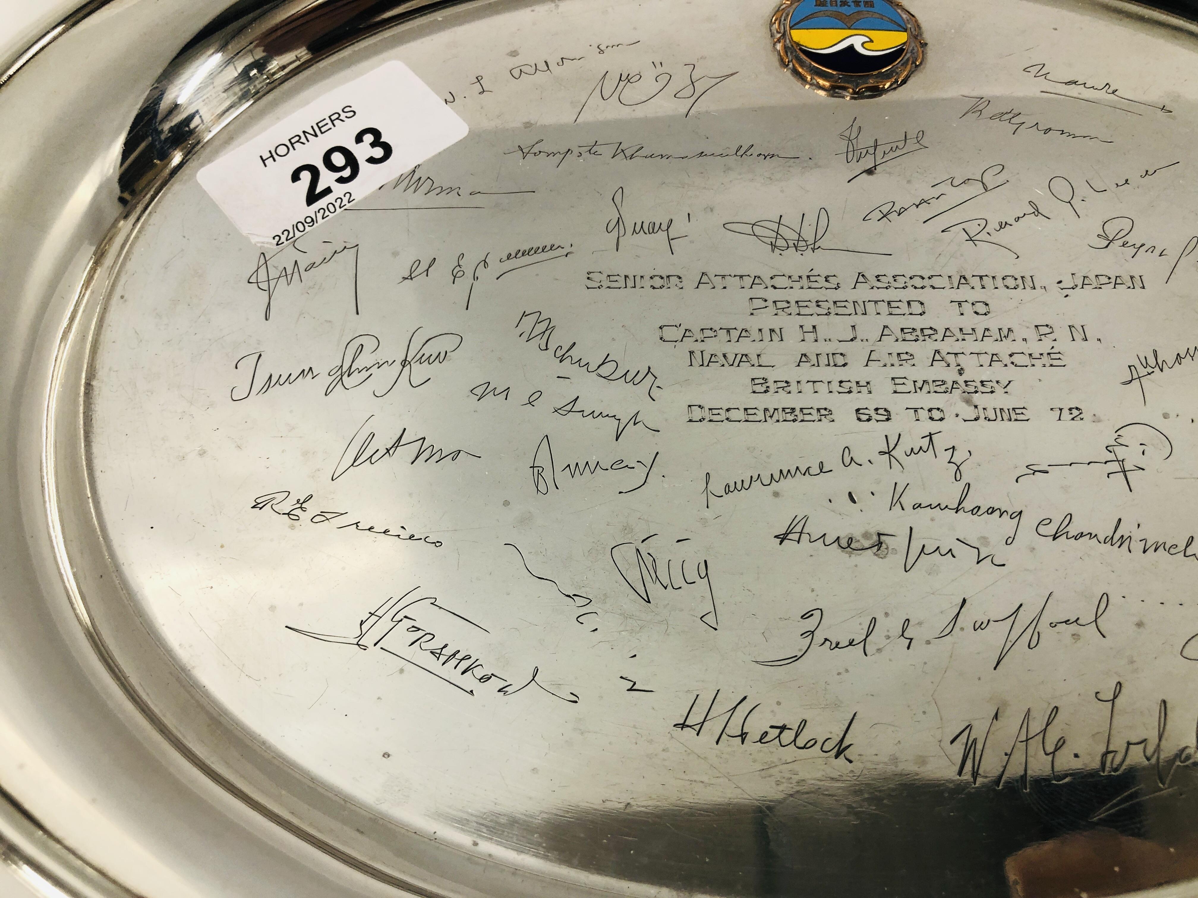 A STERLING SILVER OVAL TRAY WITH PRESENTATION INSCRIPTION AND SIGNATURES. - Image 4 of 9
