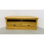 MODERN LIGHT OAK FINISH TWO DRAWER ENTERTAINMENT STAND WIDTH 128CM. DEPTH 47CM. HEIGHT 50CM.