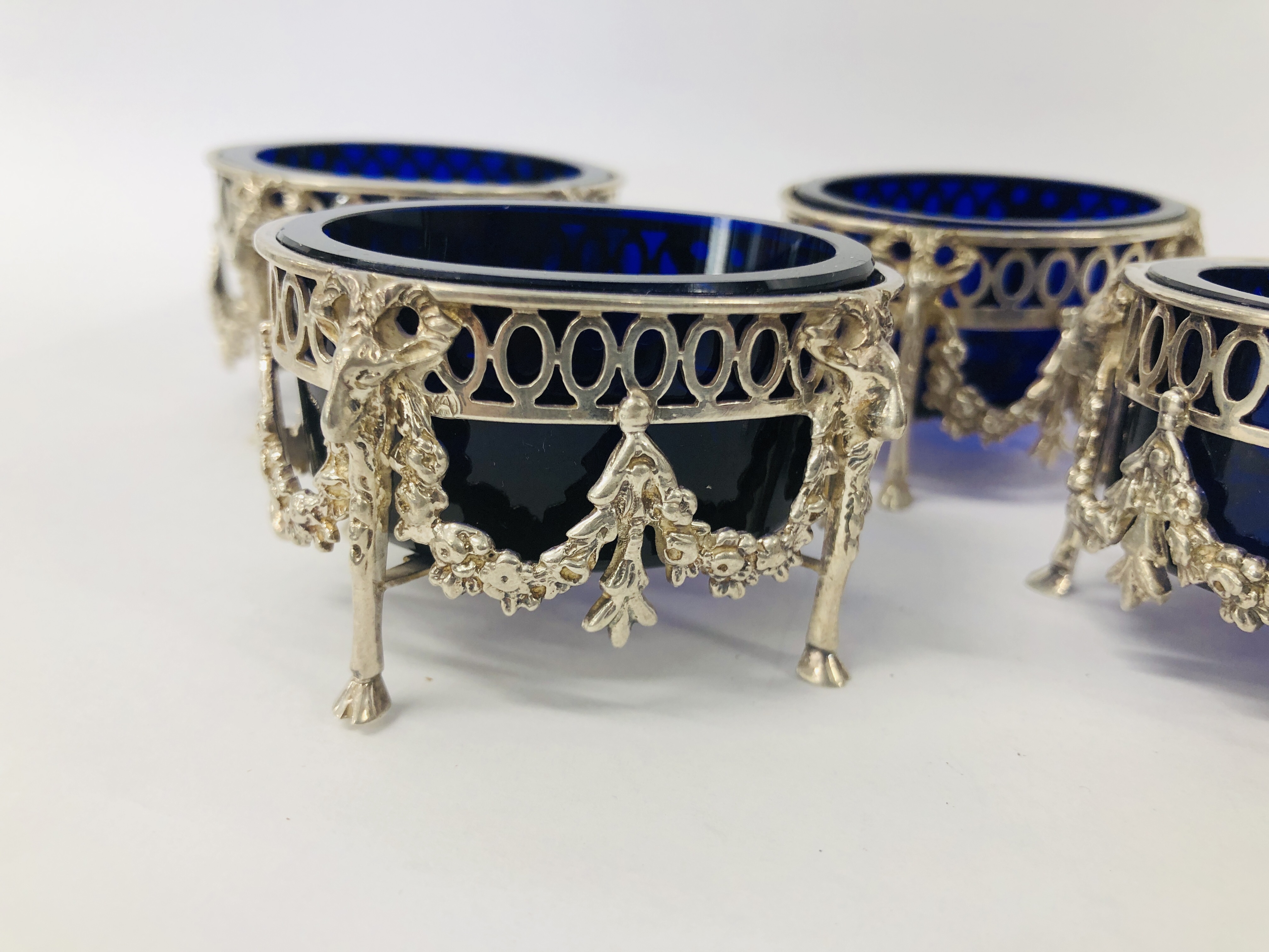 FOUR DUTCH SILVER SALTS WITH BLUE GLASS LINERS (ONE LINER A/F) - Image 3 of 17