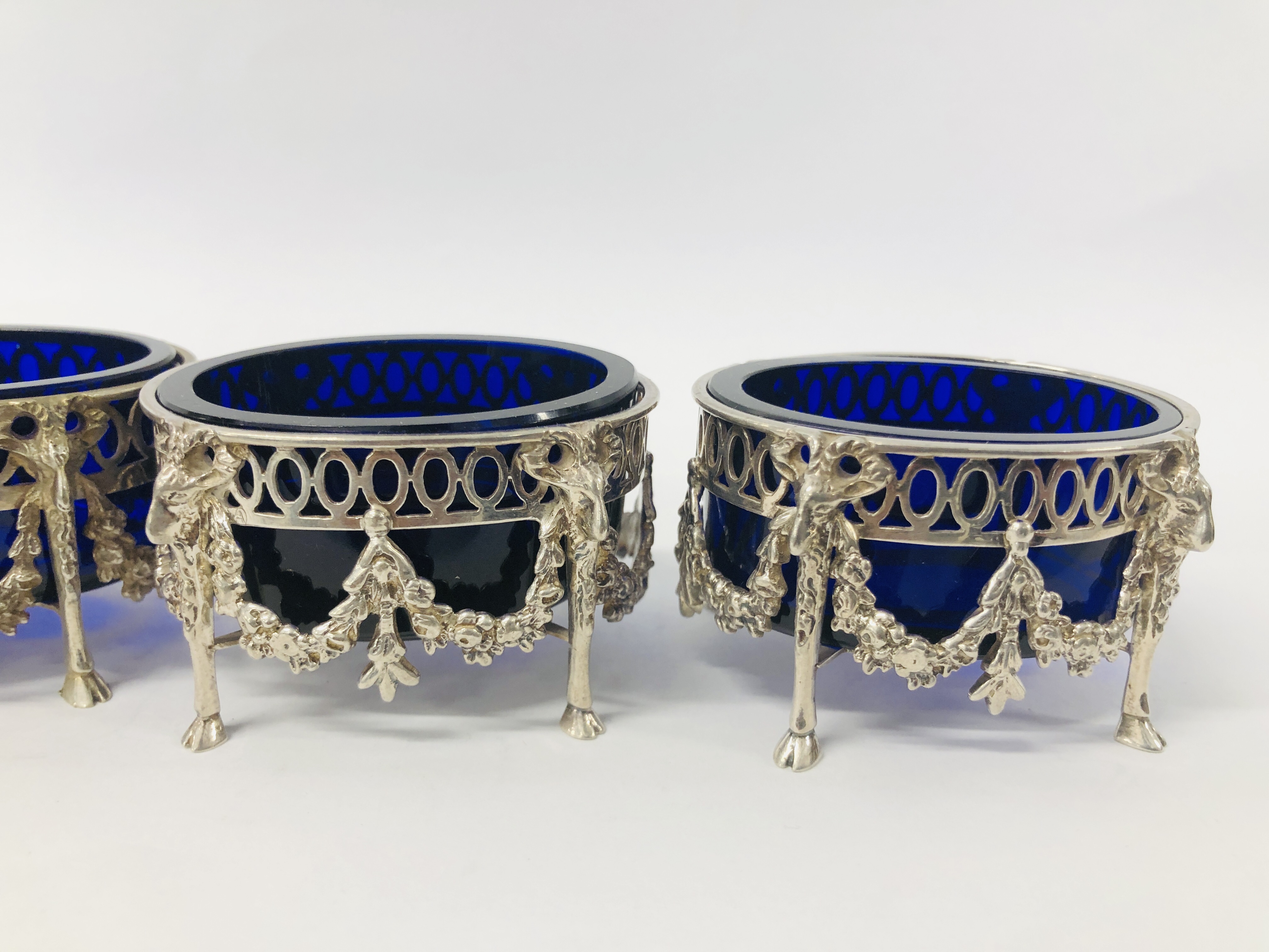 FOUR DUTCH SILVER SALTS WITH BLUE GLASS LINERS (ONE LINER A/F) - Image 12 of 17