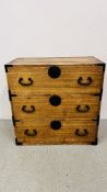 A RUSTIC METAL BOUND THREE DRAWER PINE CHEST W 76CM, D 39CM, H 76CM.