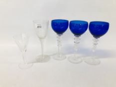 COLLECTION OF VINTAGE GLASSES TO INCLUDE THREE COBALT BLUE AND TWO OTHERS ONE HAVING A TWIST STEM
