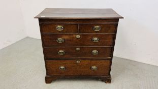 A GEORGE II OAK FIVE DRAWER CHEST WITH LATER HANDLES, W 92CM.