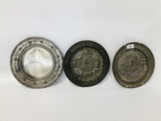 THREE PERIOD PEWTER PLATES/CHARGERS,