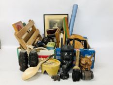 THREE BOXES OF ASSORTED VINTAGE COLLECTIBLES TO INCLUDE EBONY CARVINGS, NEEDLEWORKS, ALBUMS, TINS,