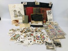 BOX CONTAINING STAMPS LOOSE AND IN ALBUM ALONG WITH FOUR ALBUMS AND LOOSE OF A CIGARETTE CARDS TO