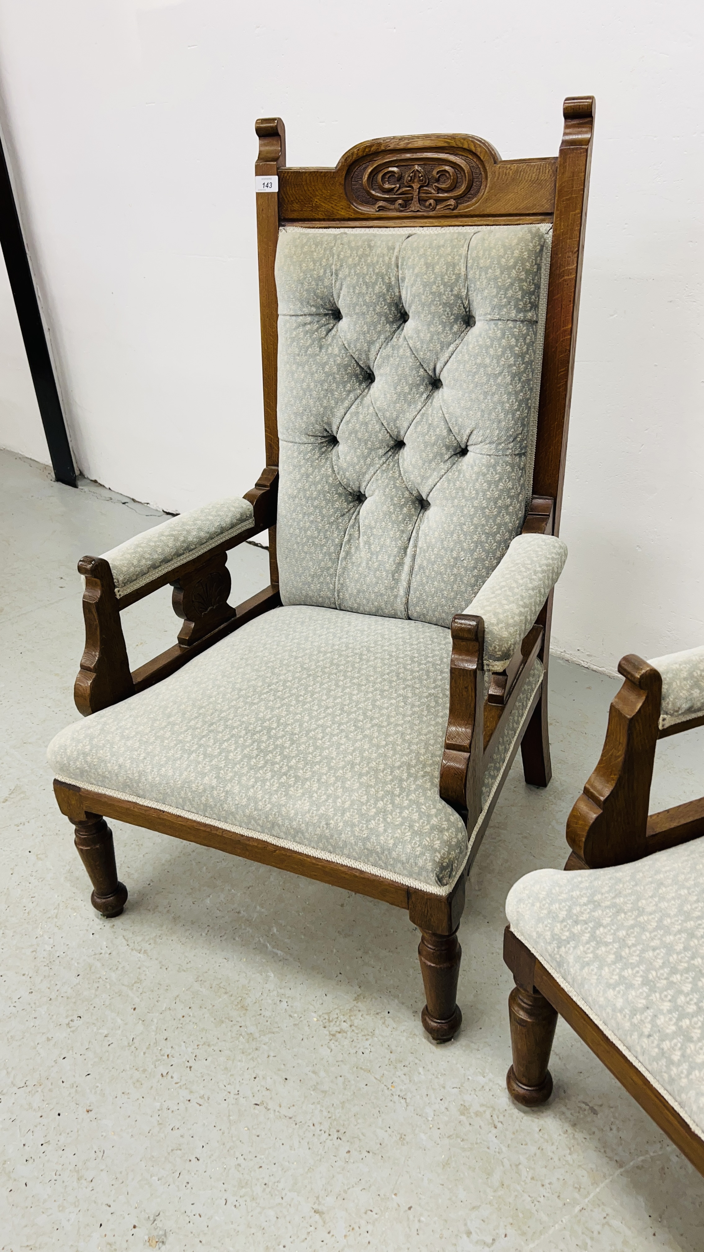 A PAIR OF EDWARDIAN OAK LOW SEAT CHAIRS UPHOLSTERED IN PASTEL BLUE - Image 8 of 11