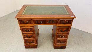 A C20TH YEW WOOD PEDESTAL DESK WITH INSET LEATHER TOP, W 94CM.