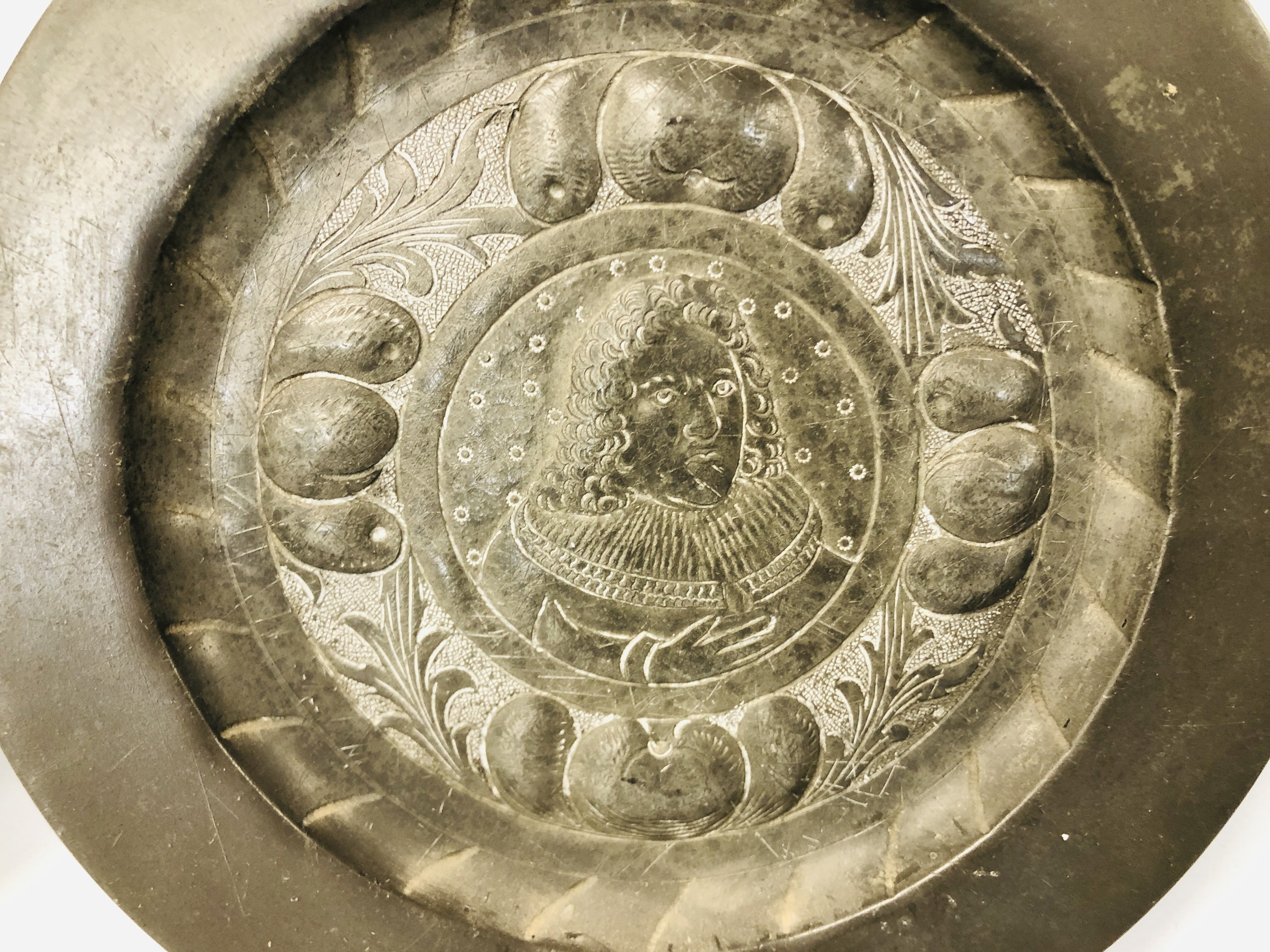 THREE PERIOD PEWTER PLATES/CHARGERS, - Image 6 of 10