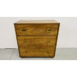 MAHOGANY THREE DRAWER CAMPAIGN CHEST WITH BRASS HANDLES AND BANDING 82CM. X 39CM. X 81CM.